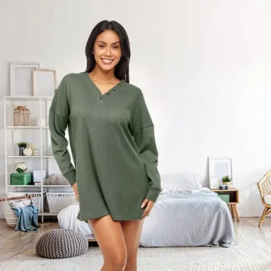 Women's Soft Ribbed Waffle Rib Knit Oversized Sleep Shirt, V-neck Night Shirt Sweater Top image {3}