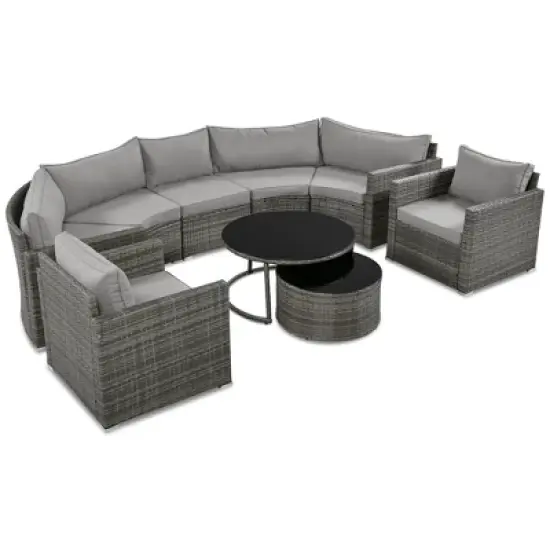 FIONECA 9-Piece Half-Moon Patio Sofa Set, Outdoor Round Wicker Sectional with Coffee Tables & Cushions, Gray image {8}