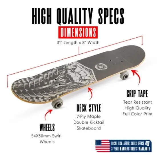 31" Skateboard for Beginner to Intermediate Skaters &ndash; Popsicle Deck, PU Wheels, ABEC-11 Bearings &ndash; Madd Gear - Holographic Viper image {1}