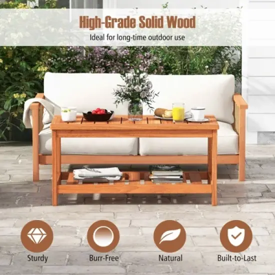 Tangkula Hardwood Outdoor Patio Coffee Table 2-Tier Coffee Table w/ Slat Tabletop & Storage Shelf Natural image {5}