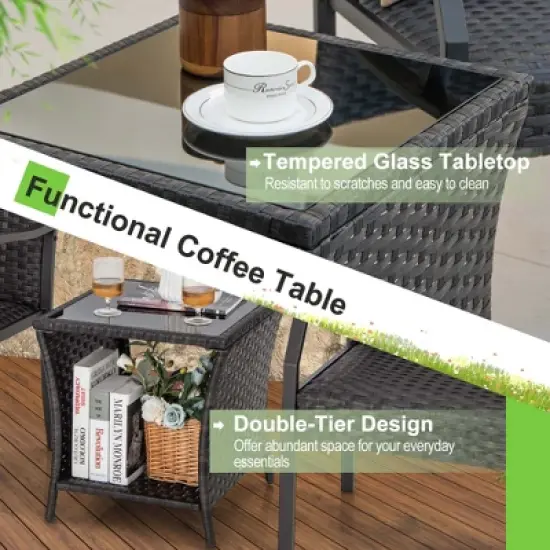 Costway 3 PCS Patio Conversation Set Wicker Chair Tempered Glass Table Cushioned Seat image {5}