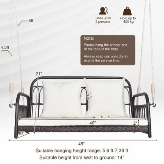 Tangkula Wicker Porch Swing 2-Person Outdoor Patio Hanging Chair w/ Cushions Mix Brown image {2}