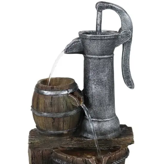 Sunnydaze 23"H Electric Polyresin Cozy Farmhouse Pump and Tiered Barrels Outdoor Water Fountain with LED Lights image {4}