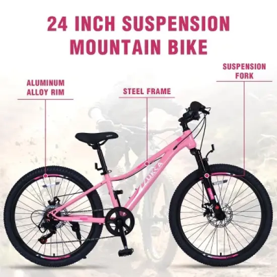 INFURNIC Bicycles Mountain Bike for Girls and Boys 24 Inch Shimano 6 Speed Suspension Fork Disc Brakes, Pink, 61.42"*23.63"*36.62" image {1}