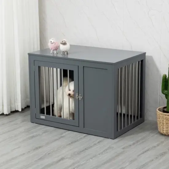 PawHut Wooden Dog Crate Furniture Wire Pet Cage Kennel, End Table with Double Doors, and Locks, for Medium and Large Dog House Indoor Use image {1}