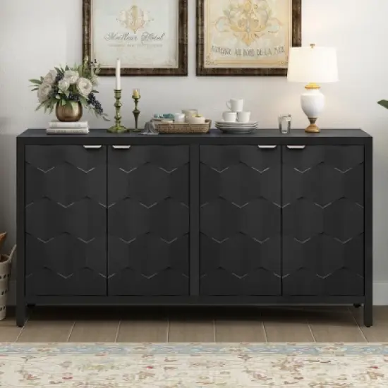 Sideboard Buffet Cabinet, Wooden Floor Storage Console Table, Sideboard Cabinet W/4 Honeycomb Pattern Designed Doors For Entryway Dining Room, Blue image {6}