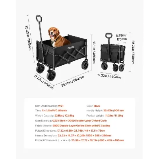 VEVOR Collapsible Wagon Carts, 120L & 225LBS Folding Wagons with All-Terrain Wheels, Heavy Duty Outdoor Utility Cart with Adjustable Handle, Black image {7}