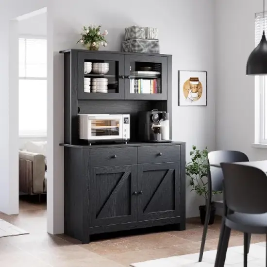 Kitchen Pantry Cabinet with Microwave Stand, Freestanding Hutch Cabinet with Buffet Cupboard,Black image {7}