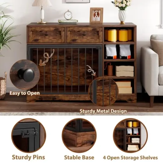 47" Dog Crate Furniture with 2 Storage Drawers & 4 Deep Shelves - Extra Large Wooden Indoor Kennel End Table for Large Medium Dogs image {7}
