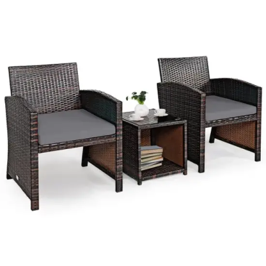 Costway 3PCS Patio Rattan Wicker Furniture Cushion Sofa Coffee Table image {7}