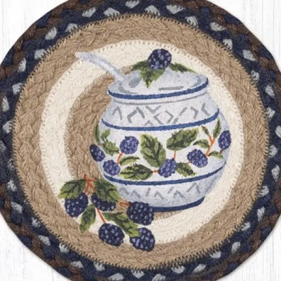 Earth Rugs Jam Jar Blackberry Round Trivet &ndash; 10" Printed Fruit Design on Braided Natural Jute image {1}