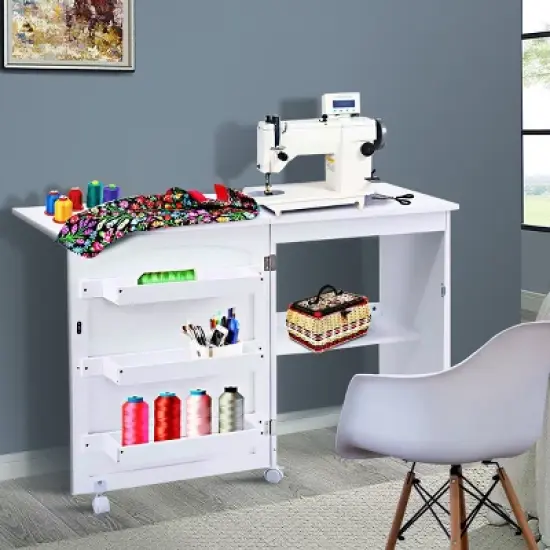 Costway White Folding Sewing Craft Table with Storage Shelves Cabinet Lockable Wheels image {8}