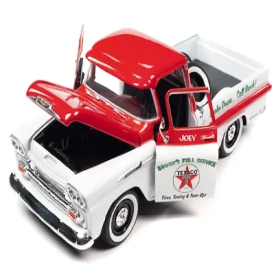 1958 Chevrolet Apache Fleetside Truck White and Red "Brock's Full Service - Texaco" w/Tires 1/24 Diecast Model Car by Auto World image {1}