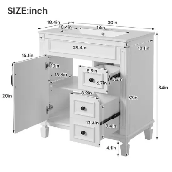 Gulches 30 inch Bathroom Vanity with Ceramic Sink Small Bathroom Cabinet Modern 2 Drawers Adjustable Shelf French Simplicity Style White image {2}