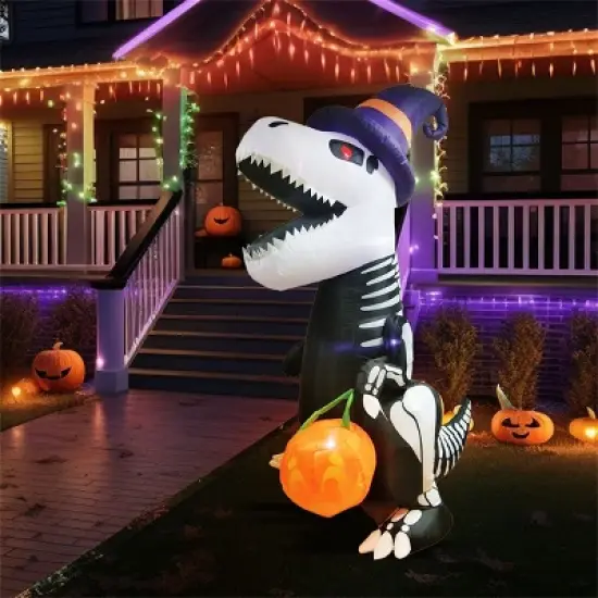 Joyfy 8 FT Halloween Inflatable Outdoor Decorations, Inflatable Skeleton Dinosaur with Pumpkin for Halloween Outdoor Yard Garden Lawn Decorations image {8}