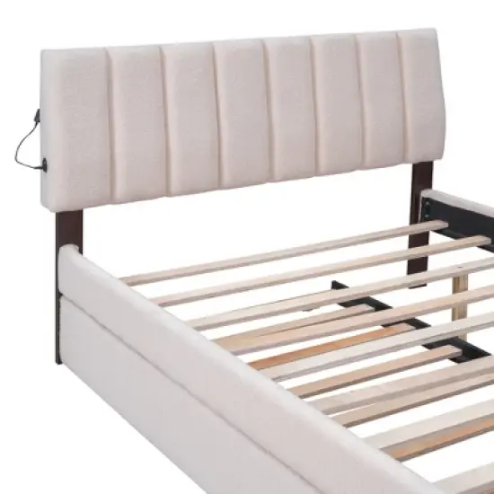 Queen/Full/Twin Size Teddy Fleece Upholstered Platform Bed with Trundle Bed and LED Lights-ModernLuxe image {9}