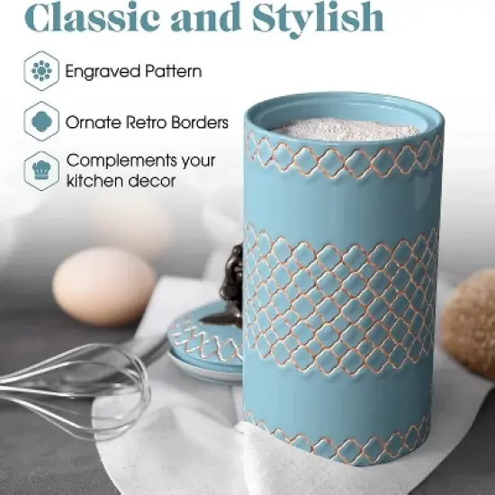 American Atelier 2-Piece Ceramic Canister Jars w/ Engraved Design & Airtight Stainless-Steel Lids For Sugar, Flour, Coffee & More, Blue image {5}