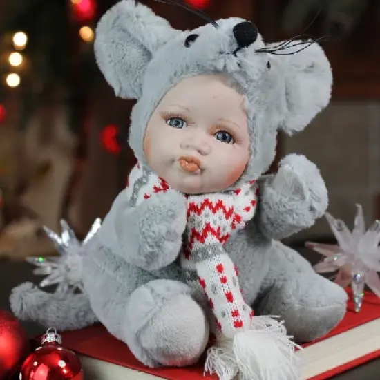 Northlight 9" Gray and Red Pucker Up Baby in Mouse Costume Collectible Christmas Doll image {1}