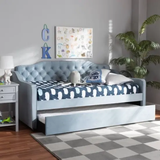 Twin Freda Velvet Tufted Daybed with Trundle Light Blue - Baxton Studio image {8}