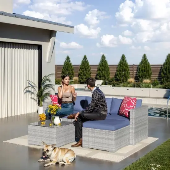 5-Piece Rattan Patio Set, All-Weather Wicker Sofa w/Glass Table and Ottoman, Anti-Slip Cushions - For Balcony, Porch, Garden image {6}