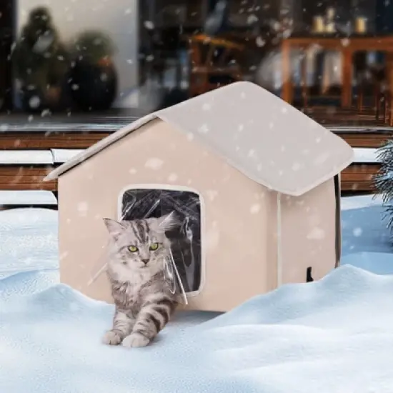 VEVOR Elevated Heated Cat House, Outdoor Kitty Shelter with Adjustable Temperature and Timer, 600D Oxford Cloth Foldable Cat Shelter, Brown (Middle) image {1}