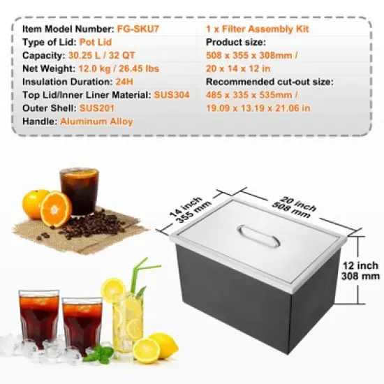 VEVOR Drop in Ice Chest, 20"L x 14"W x 12"H Stainless Steel Ice Cooler, Commercial Ice Bin with Cover, 40 qt Outdoor Kitchen Ice Bar image {7}