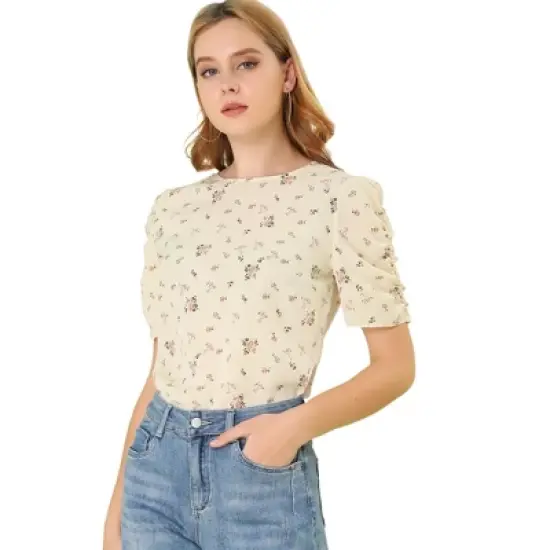 Allegra K Women's Floral Crew Neck Summer Casual Shirred Short Sleeve Blouse image {21}