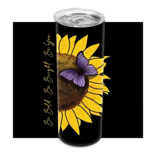 Be Bold Be Bright Be Your Bright Yellow Sunflower with Purple Butterfly 20 ounce Stainless Steel Travel Tumbler with Lid For Your On The Go Beverages image {5}