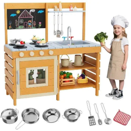Outdoor Wooden Mud Kitchen w/ Cookware, Removable Sink/Faucet & Chalkboard - Storage Shelves, Stove Toddler Playset Ages 3+ image {8}