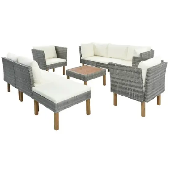 9pc Wicker & Acacia Wood Patio Conversation Set with Cushions - Beige - GODEER image {5}