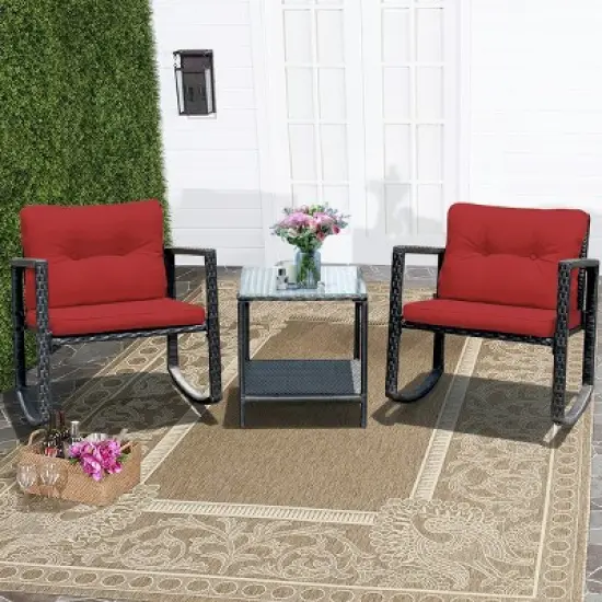 Costway 3-Piece Patio Wicker Bistro Furniture Set w/ 2 Rocking Chairs, Glass Side Table, Cushions Red/Beige image {11}