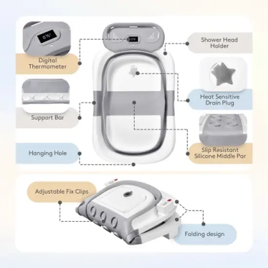 BabyBond Collapsible Baby Bathtub for Infant to Toddler, Portable Baby Bath Tub with Soft Cushion & Thermometer, Gray image {4}