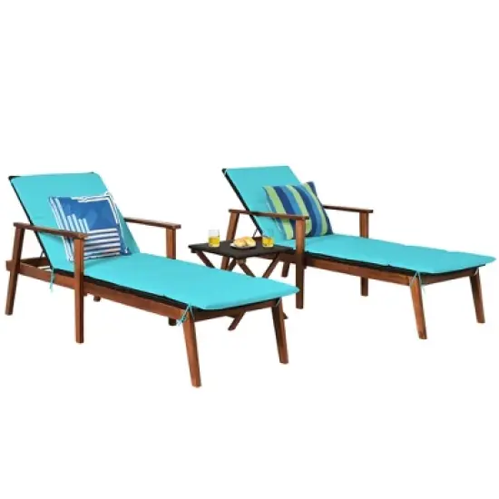 Costway 3PCS Patio Rattan Lounge Chair Folding Table Set Chaise Wood Cushioned White\Turquoise image {8}