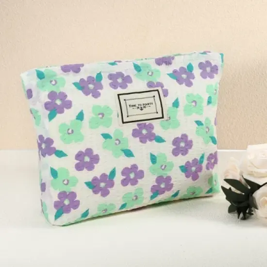 Unique Bargains Large Capacity Canvas Floral Makeup Bag Purple 10.63"x1.97"x8.46" 1 Pc image {1}