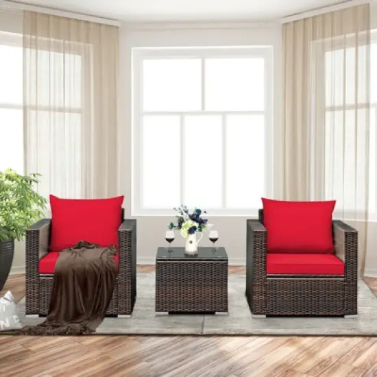 Costway 3PCS Patio Rattan Furniture Set Conversation Sofa Cushioned Turquoise\Red image {2}