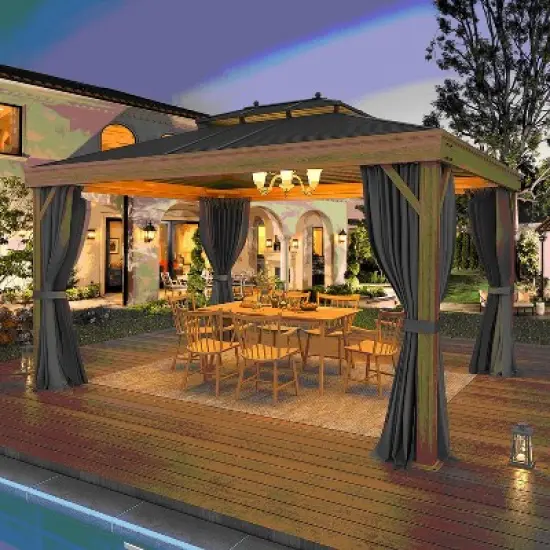 Erommy 10' x 13' Hardtop Gazebo Metal Gazebo with Wood Grain Aluminum Frame, Galvanized Steel Double Roof with Netting and Curtains for Backyard image {1}