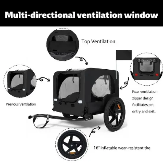 VASIP Heavy Duty Bike Trailer for Dogs with Collapsible Pet and Cargo Carrier ,16" All-Terrain Wheels and Universal Hitch,Black+Dark Gray image {3}