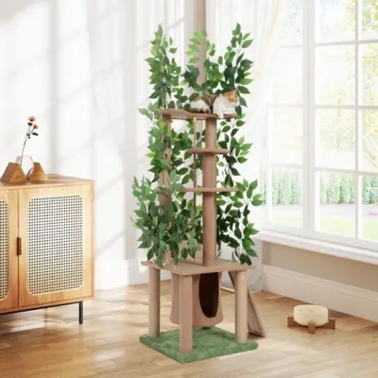 Sandinrayli 76 in. Cat Tree Tower Condo with Green Leaves and Scratching Posts image {11}