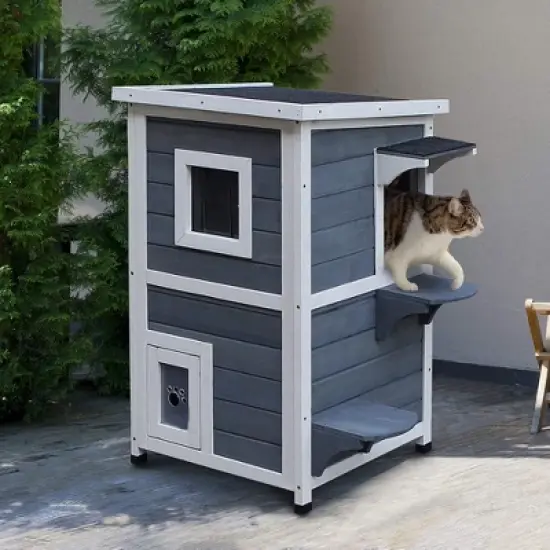 PawHut Solid Wood 2-Floor Cat Condo Kitten Shelter with Window image {2}