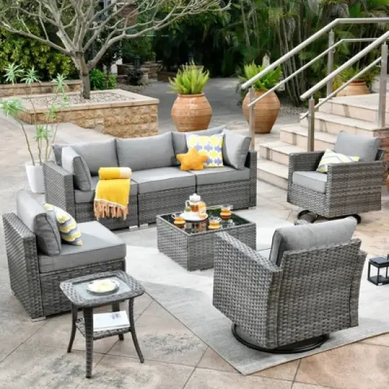 Ovios Venice 8pc Wicker Outdoor Patio Furniture Set Conversation Sofa Sectional with Swivel Chairs and Cushions image {16}