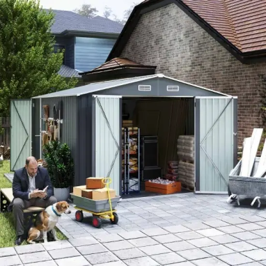 9&times;11 FT Metal Storage Shed with 3 Lockable Doors and 4 Vents, Outdoor Utility Garden Tool Shed, Steel Waterproof Backyard Storage Shed-Coolbibila image {7}