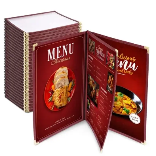 WeChef 30 Pack 8.5 x 11" 6 View 3 Page Menu Cover Burgundy Trim Trifold Transparent Volume Red image {9}