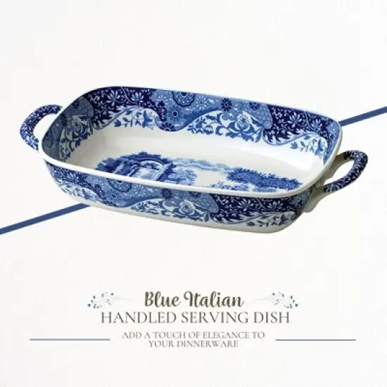 Spode Blue Italian Handled Serving Dish - 11.5" x 8" Porcelain Tableware with Heritage Scroll Border & Scenic Countryside Artwork image {1}