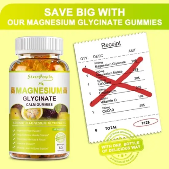GreenPeople Magnesium Glycinate Gummies 400mg with Calcium, Potassium, Vitamin D for Stress Relief & Sleep, 60 Ct (Passion fruit flavor) image {6}