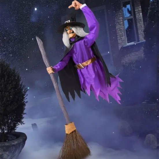 Joyfy 96'' Halloween Outdoor Decorations, Animated Flying Witch on Broom with Light Eyes and Scary Voice for Outside Yard Lawn Haunted House Decor image {1}