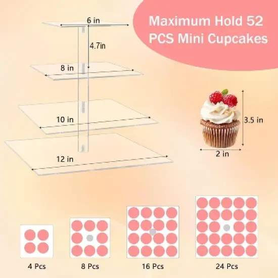 Hachikiko 4-Tier Square Cupcake Stand with LED Lights, Premium Acrylic Dessert Display Tower for Parties Weddings Events image {3}