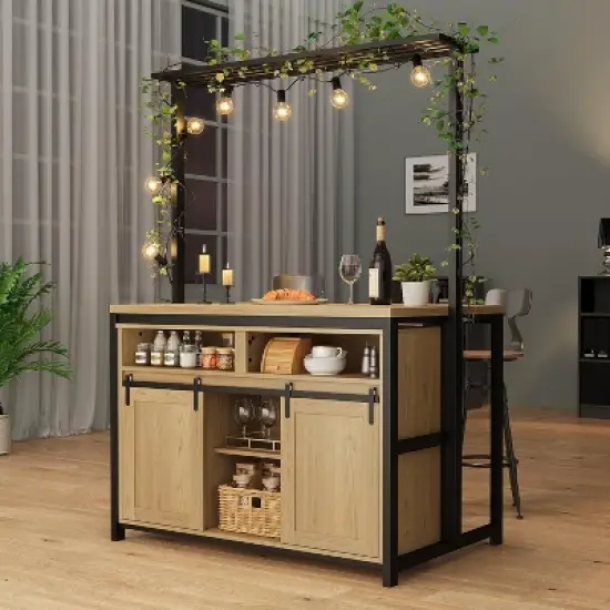 42'' Sliding Barn Door Kitchen Island with Storage, Multi-Functional Dining and Living Room Cabinet image {7}