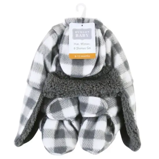Hudson Baby Unisex Baby Trapper Hat, Mitten and Bootie Set, Charcoal White Plaid image {1}