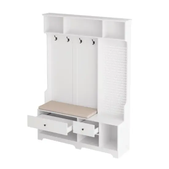 TIRAMISUBEST 4-in-1 Hall Tree with Cushioned Bench & Pegboard - Entryway Organizer, White image {9}