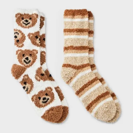 Women's Teddy Bear 2pk Cozy Crew Socks - Brown/Ivory/Tan 4-10 image {3}